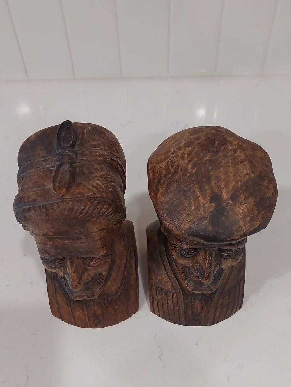 Hand Carved J. Alberdi Wooden Couple Bust Sculptures/Bookends